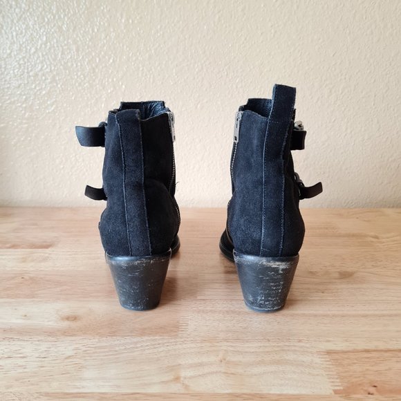 Allsaints Lulu Triple Buckle Black Moto Pointed Toe Heeled Ankle Booties Boots - Picture 2 of 7